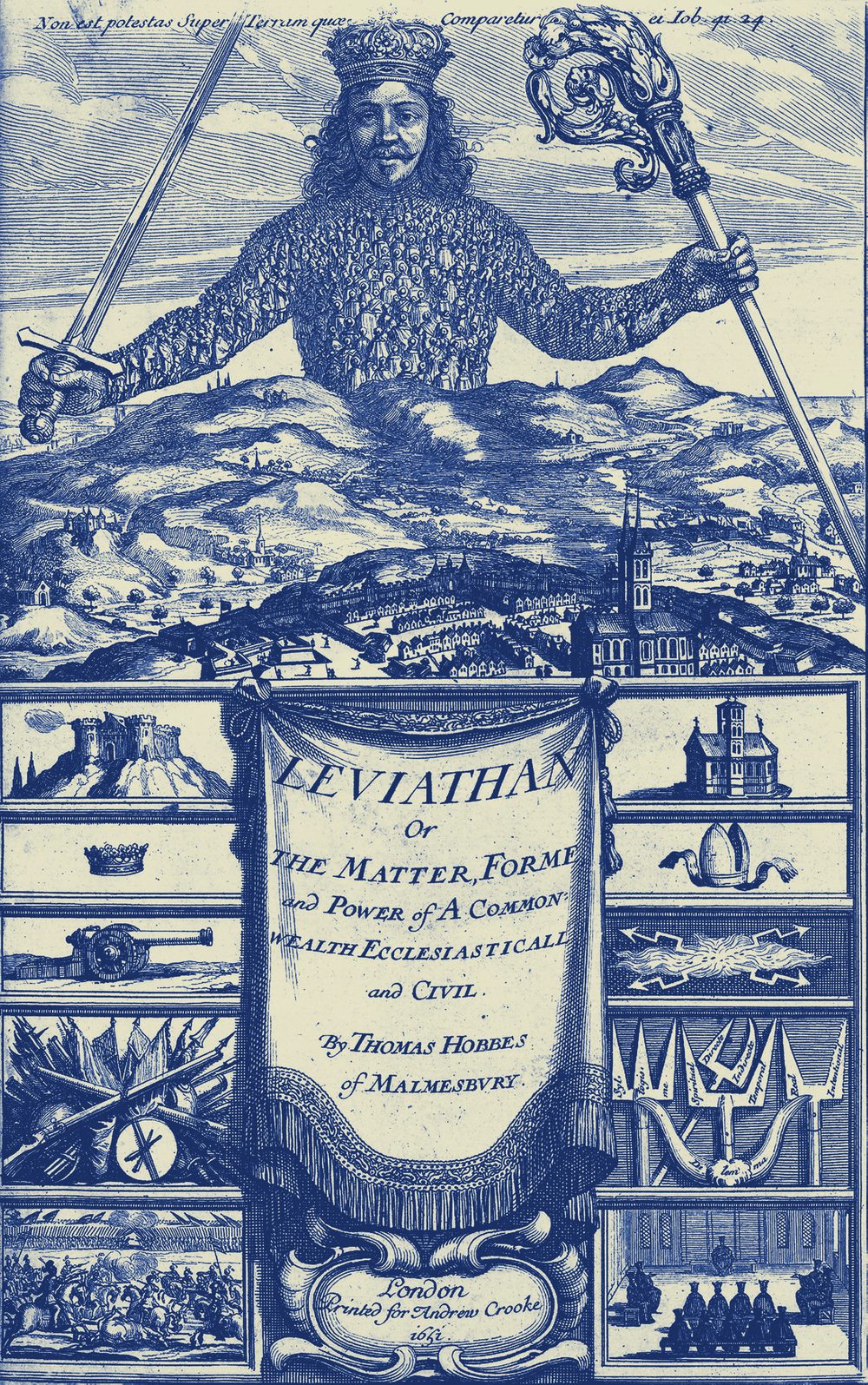 Frontispício do Leviatã de Thomas Hobbes (1651): um soberano coroado, com o corpo formado por pessoas, ergue espada e báculo sobre uma paisagem e uma cidade